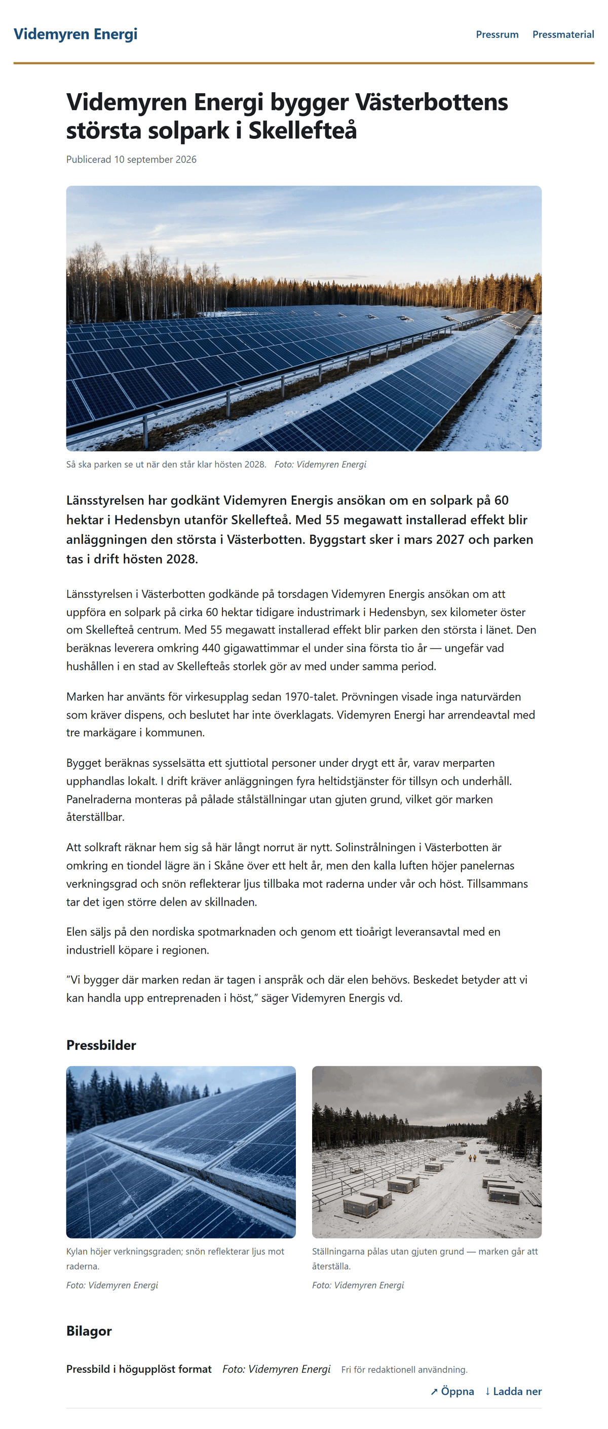 Your press room: the press release published as its own page, with press images ready to download.